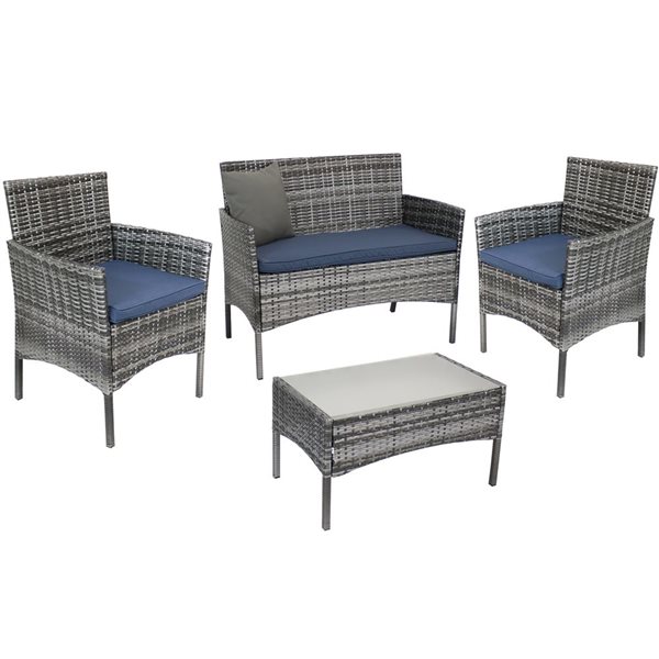 Sunnydaze Dunmore Patio Set Mixed Gray Rattan and Navy Blue Cushions 4-Piece