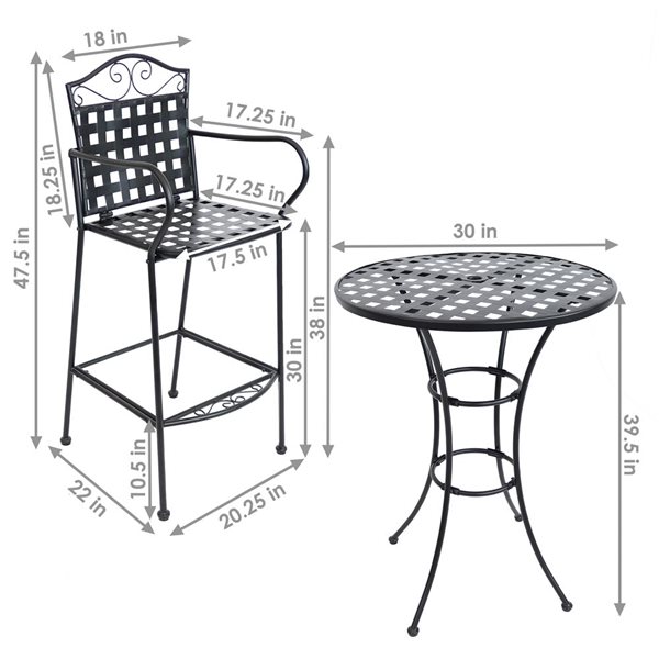 Sunnydaze Outdoor Scrolling Wrought Iron Bar Chair and Table Set Black 3-Piece