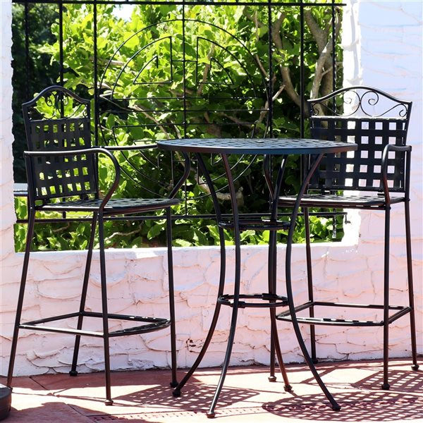 Sunnydaze Outdoor Scrolling Wrought Iron Bar Chair and Table Set Black 3-Piece