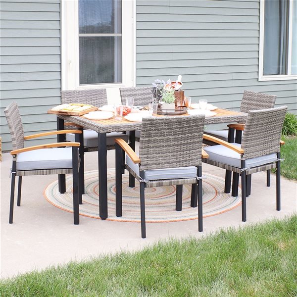 Sunnydaze Carlow Rattan and Acacia Patio Dining Set Mixed Gray/Stone Gray 7-Piece