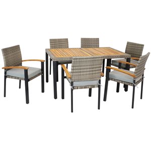 Sunnydaze Carlow Rattan and Acacia Patio Dining Set Mixed Gray/Stone Gray 7-Piece