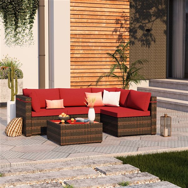 UPHA 5-Piece Patio Wicker Conversation Set with Red Cushions