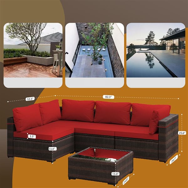 UPHA 5-Piece Patio Wicker Conversation Set with Red Cushions