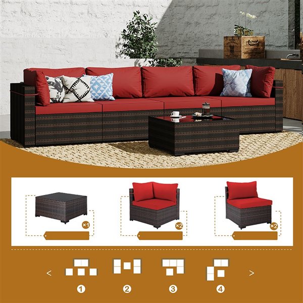 UPHA 5-Piece Patio Wicker Conversation Set with Red Cushions