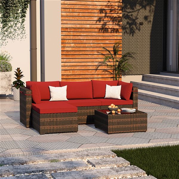 UPHA 5-Piece Patio Conversation Set with Red Cushions