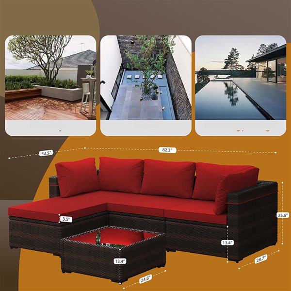 UPHA 5-Piece Patio Conversation Set with Red Cushions