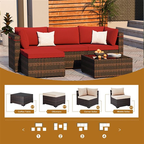 UPHA 5-Piece Patio Conversation Set with Red Cushions