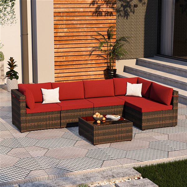 UPHA 6-Piece Patio Conversation Set with Red Cushions