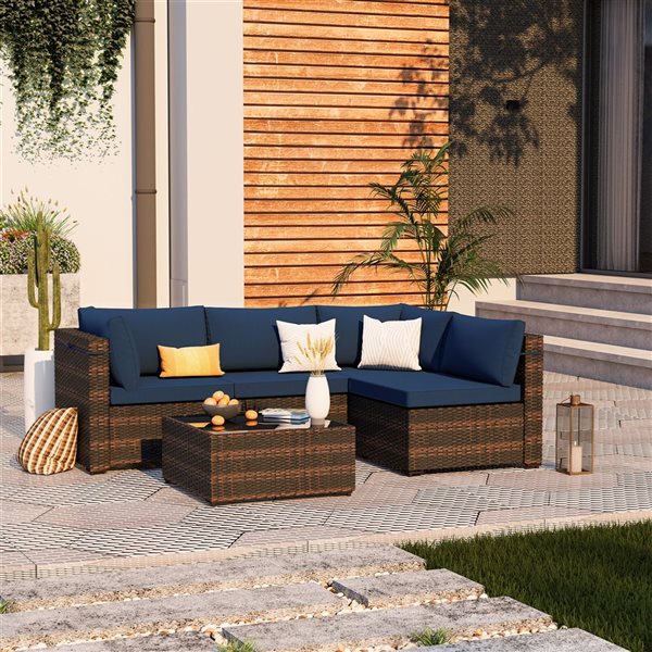 UPHA 5-Piece Patio Wicker Conversation Set with Navy Blue Cushions