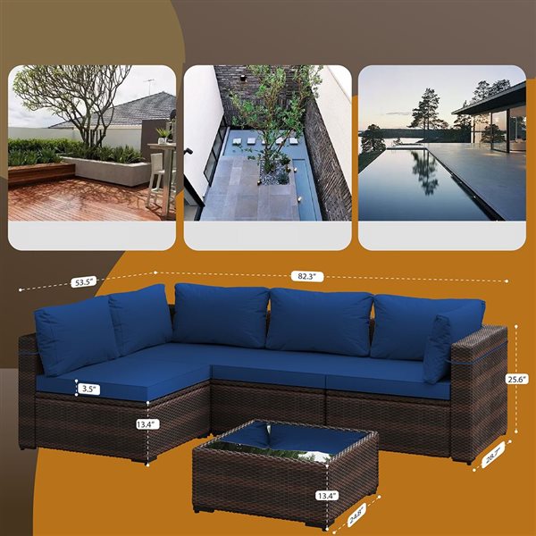 UPHA 5-Piece Patio Wicker Conversation Set with Navy Blue Cushions