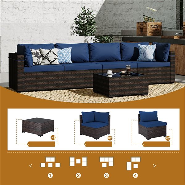 UPHA 5-Piece Patio Wicker Conversation Set with Navy Blue Cushions