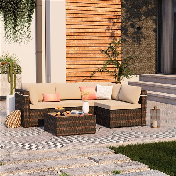 UPHA 5-Piece Patio Wicker Conversation Set with Beige Cushions