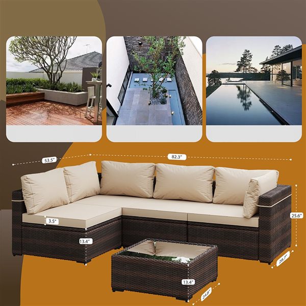 UPHA 5-Piece Patio Wicker Conversation Set with Beige Cushions