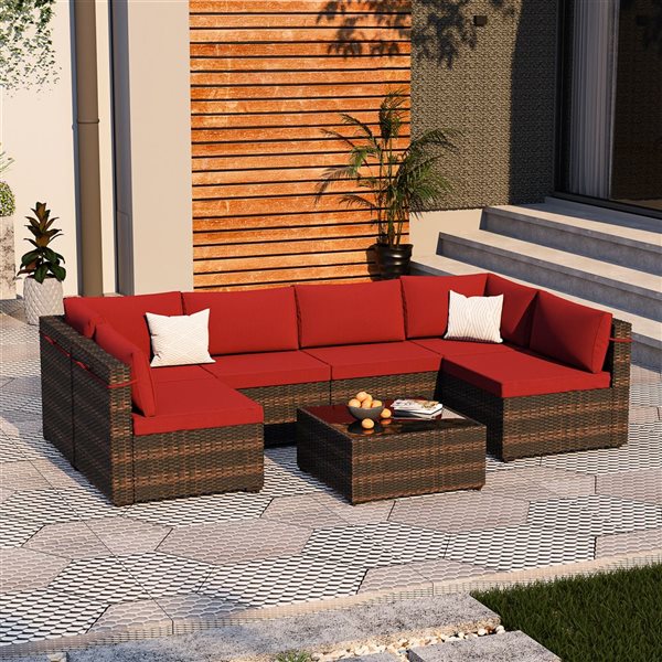 UPHA 7-Piece Metal Frame Wicker Patio Conversation Set with Red Cushions