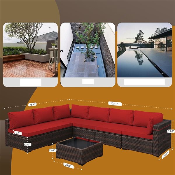 UPHA 7-Piece Metal Frame Wicker Patio Conversation Set with Red Cushions