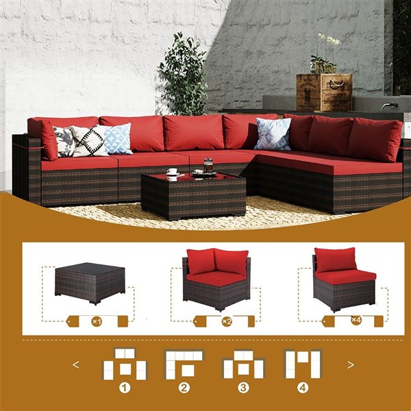 UPHA 7-Piece Metal Frame Wicker Patio Conversation Set with Red Cushions