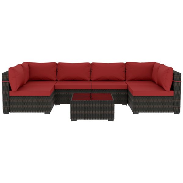 UPHA 7-Piece Metal Frame Wicker Patio Conversation Set with Red Cushions