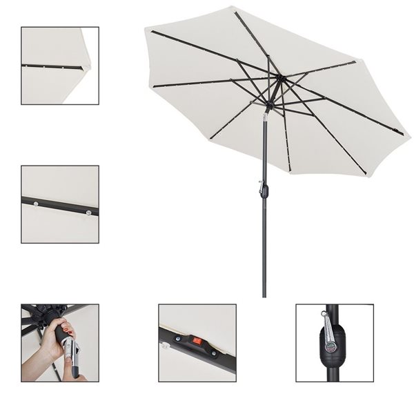 UPHA White Lighted 9-ft Crank and Tilt Octagon Patio Umbrella with Black Metal Frame