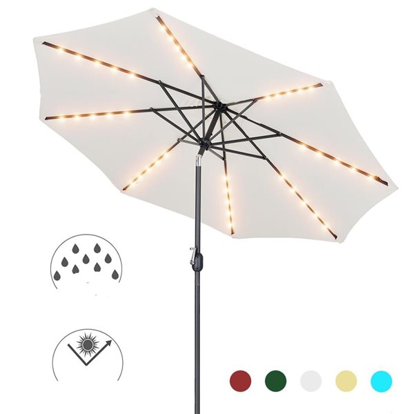 UPHA White Lighted 9-ft Crank and Tilt Octagon Patio Umbrella with Black Metal Frame