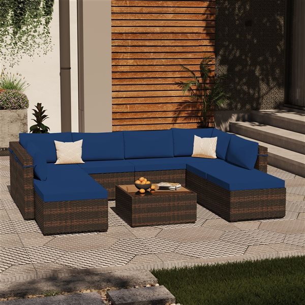 UPHA 9-Piece Metal Frame Wicker Patio Conversation Set with Ottoman and Navy Blue Cushions