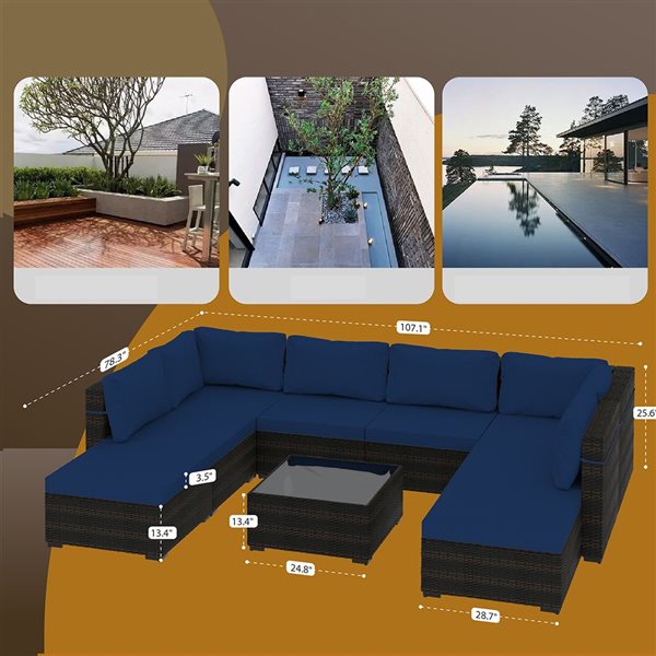 UPHA 9-Piece Metal Frame Wicker Patio Conversation Set with Ottoman and Navy Blue Cushions