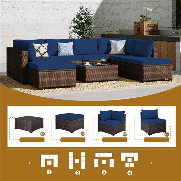 UPHA 9-Piece Metal Frame Wicker Patio Conversation Set with Ottoman and Navy Blue Cushions