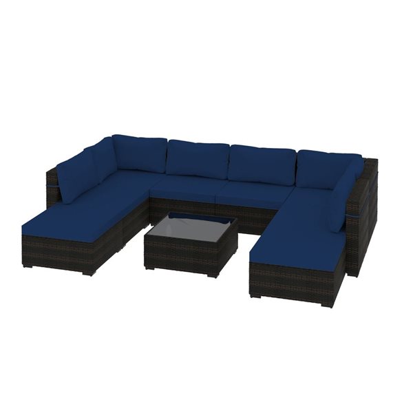 UPHA 9-Piece Metal Frame Wicker Patio Conversation Set with Ottoman and Navy Blue Cushions