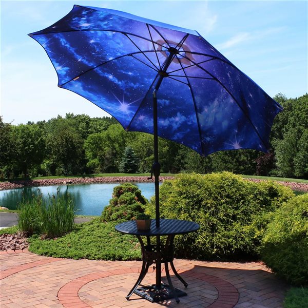 Sunnydaze Decor 9-ft Navy Blue Galaxy Design Market Patio Umbrella with Push-Button Tilt