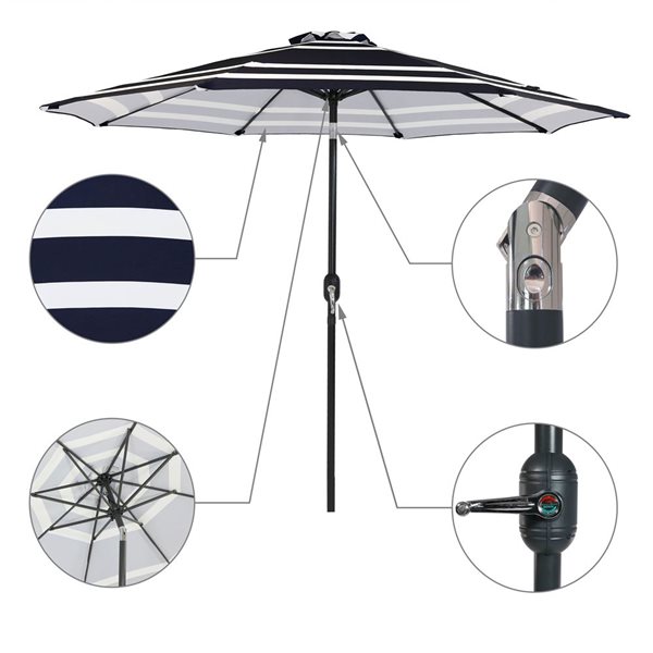 Sunnydaze Decor 9-ft Striped Dark Blue Market Patio Umbrella with Push-Button Tilt