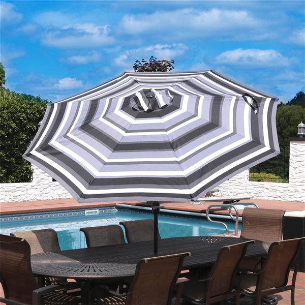 Sunnydaze Decor 9-ft Striped Dark Grey Market Patio Umbrella with Push-Button Tilt