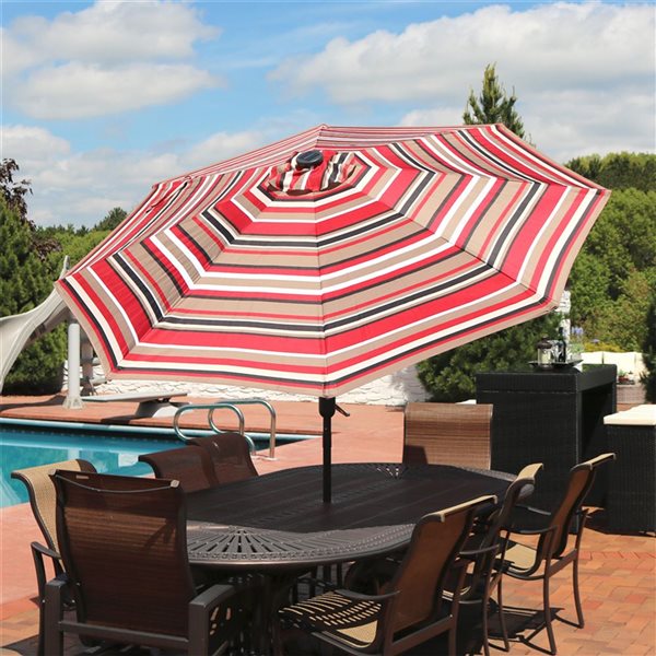 Sunnydaze Decor 9-ft Striped Red Market Patio Umbrella with Push-Button Tilt