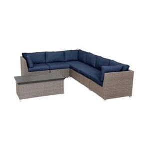 Think Patio Chambers Bay 7-Piece Beige Metal Patio Conversation Set with Navy Blue Cushions
