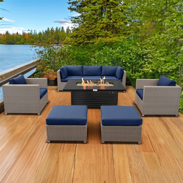 Think Patio Chambers Bay 8-Piece Metal Frame Patio Conversation Set with Navy Blue Cushions