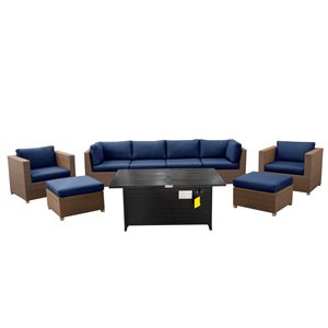 Ensemble de conversation 9 pièces Chambers Bay par Think Patio à armature brune avec coussins bleu marine
