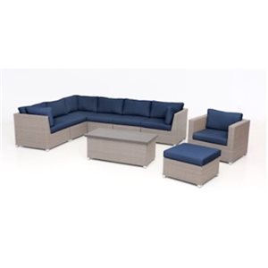 Think Patio Chambers Bay 9-Piece Beige Metal Patio Conversation Set with Navy Blue Cushions