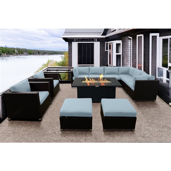 Innesbrook Outdoor Wicker Patio Conversation Set in Blue with Fire Table 11 Piece