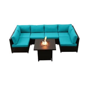Innesbrook Outdoor Wicker Patio Conversation Set Aqua with Fire Table 7 Piece