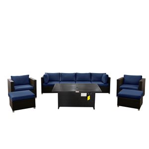 Innesbrook Outdoor Wicker Patio Conversation Set in Navy with Fire Table 9 Piece
