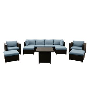 Ensemble Innesbrook de conversation extérieur bleu avec table foyer, 11 pièces