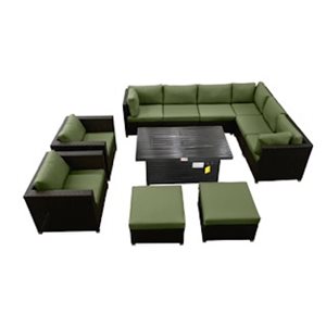 Innesbrook Outdoor Wicker Patio Conversation Set in Green with Fire Table 11 Piece
