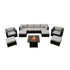 Innesbrook Outdoor Wicker Patio Conversation Set in Grey with Fire Table 11 Piece
