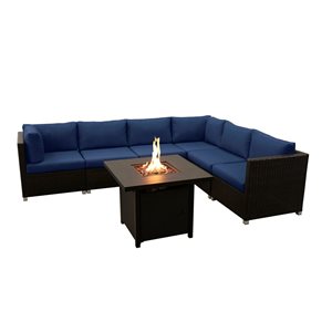 Innesbrook Outdoor Wicker Patio Conversation Set in Navy with Fire Table 7 Piece
