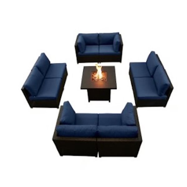 Innesbrook Outdoor Wicker Patio Conversation Set in Navy with Fire Table 9 Piece