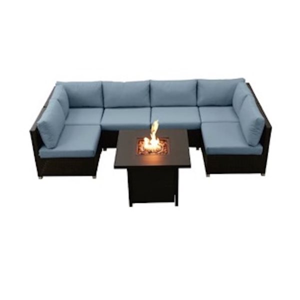 Ensemble Innesbrook de conversation extérieur en bleu avec table foyer, 7 pièces
