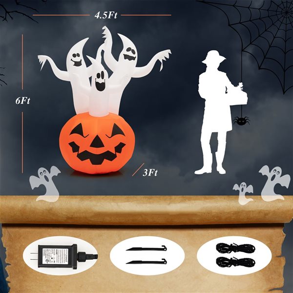 Costway 6-ft x 3-ft White Ghosts with Pumpkin Halloween Inflatable with Rotating Lamp