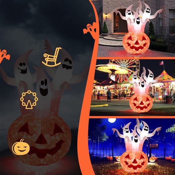 Costway 6-ft x 3-ft White Ghosts with Pumpkin Halloween Inflatable with Rotating Lamp