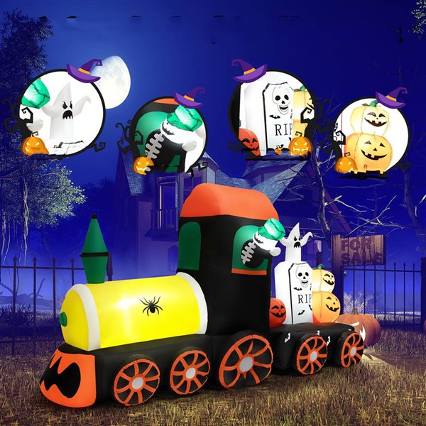 Costway 4.8-ft x 2.8-ft x 8-ft Skeleton on Train Halloween Inflatable with LED Lights