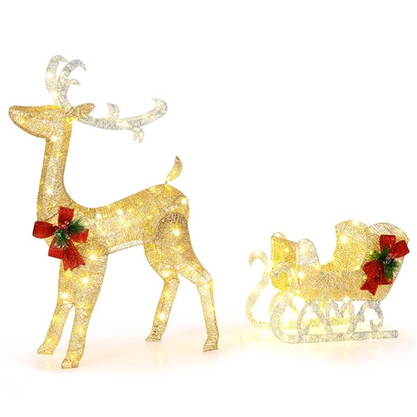 Costway Lighted Christmas Reindeer and Sleigh with 100 Lights