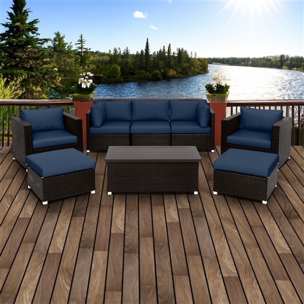 Think Patio Innesbrook 8-Piece Brown Outdoor Conversation Set with Navy Blue Cushions