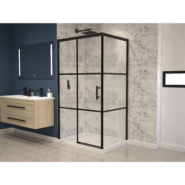 Porte de douche coulissante d'A&E Bath & Shower 75 x 48 po cadre noir mat, verre transparent